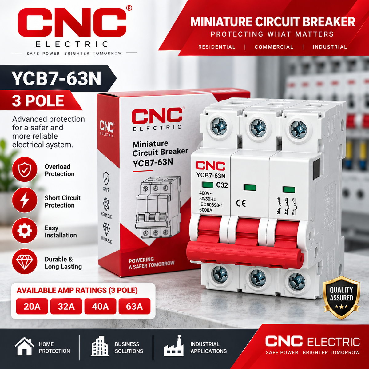 CNC YCB7-63N 3 Pole Miniature Circuit Breaker (MCB)