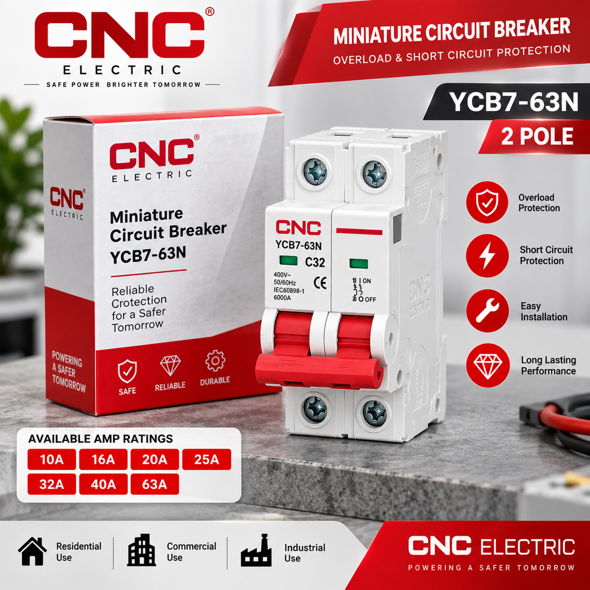CNC YCB7-63N 2 Pole Miniature Circuit Breaker (MCB)