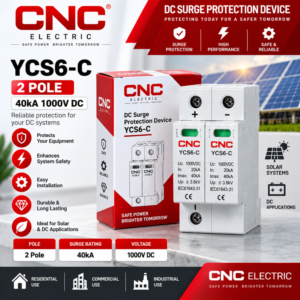CNC YCS6-C 2 Pole 40kA 1000V DC Surge Protection Device (SPD)