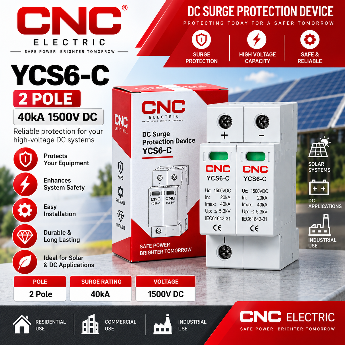 CNC YCS6-C 2 Pole 40kA 1500V DC Surge Protection Device (SPD)