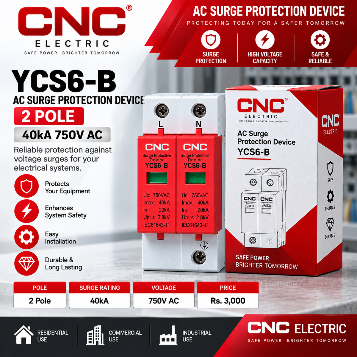 CNC YCS6-B 2 Pole 40kA 750V AC Surge Protection Device (SPD)