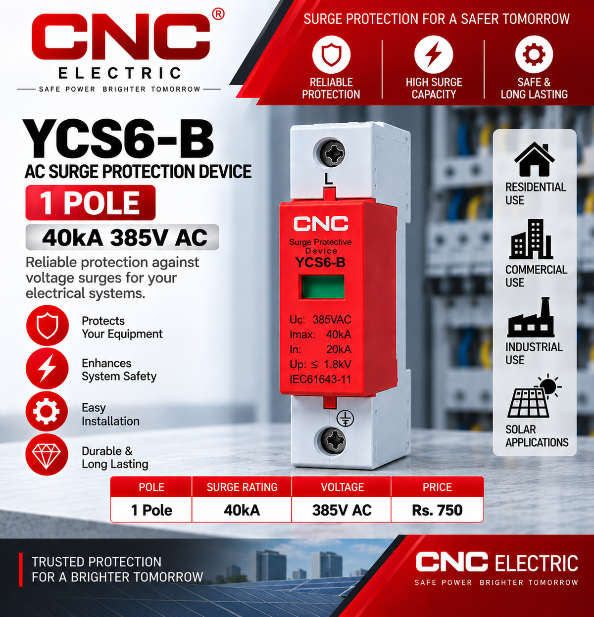 CNC YCS6-B 1 Pole 40kA 385V AC Surge Protection Device (SPD)