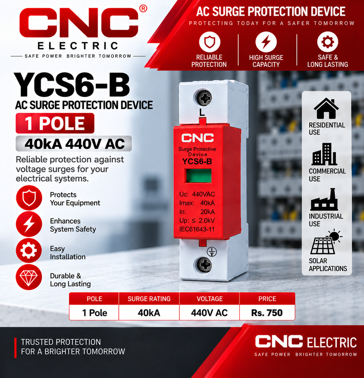 CNC YCS6-B 1 Pole 40kA 440V AC Surge Protection Device (SPD)
