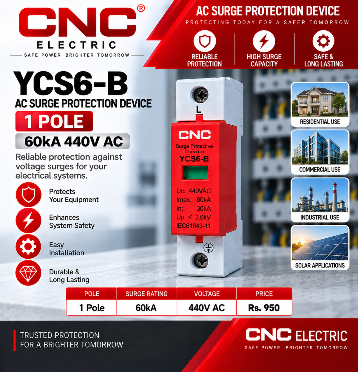 CNC YCS6-B 1 Pole 60kA 440V AC Surge Protection Device (SPD)