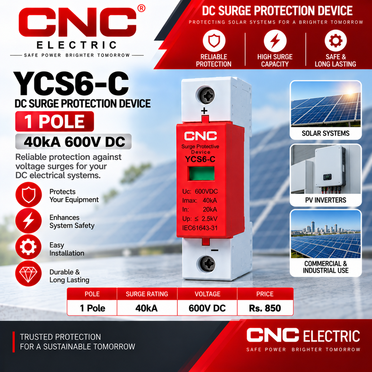CNC YCS6-C 1 Pole 40kA 600V DC Surge Protection Device (SPD)